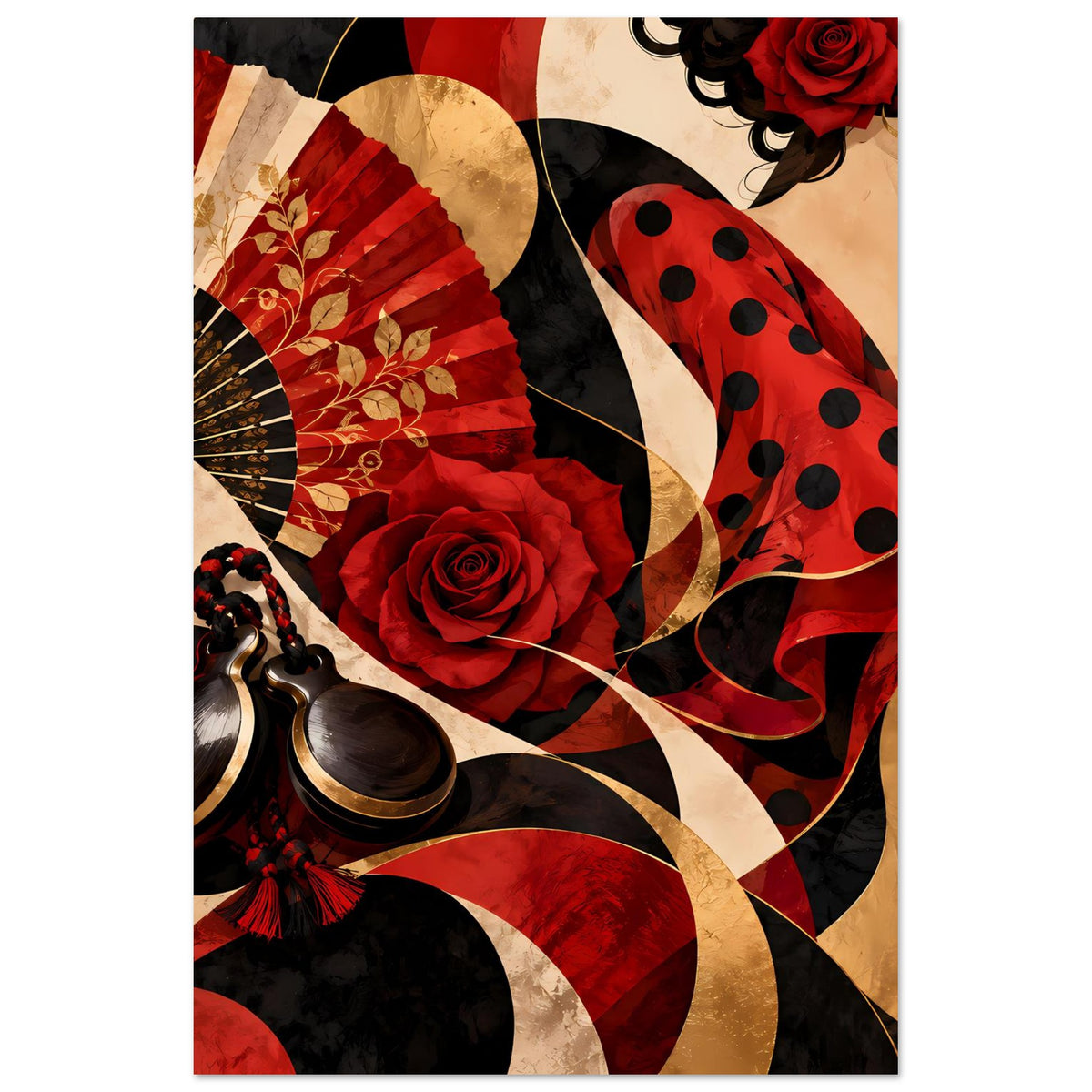 Vertikales Poster mit Flamenco-Motiv: Fächer, rote Rose, schwarze Kreise