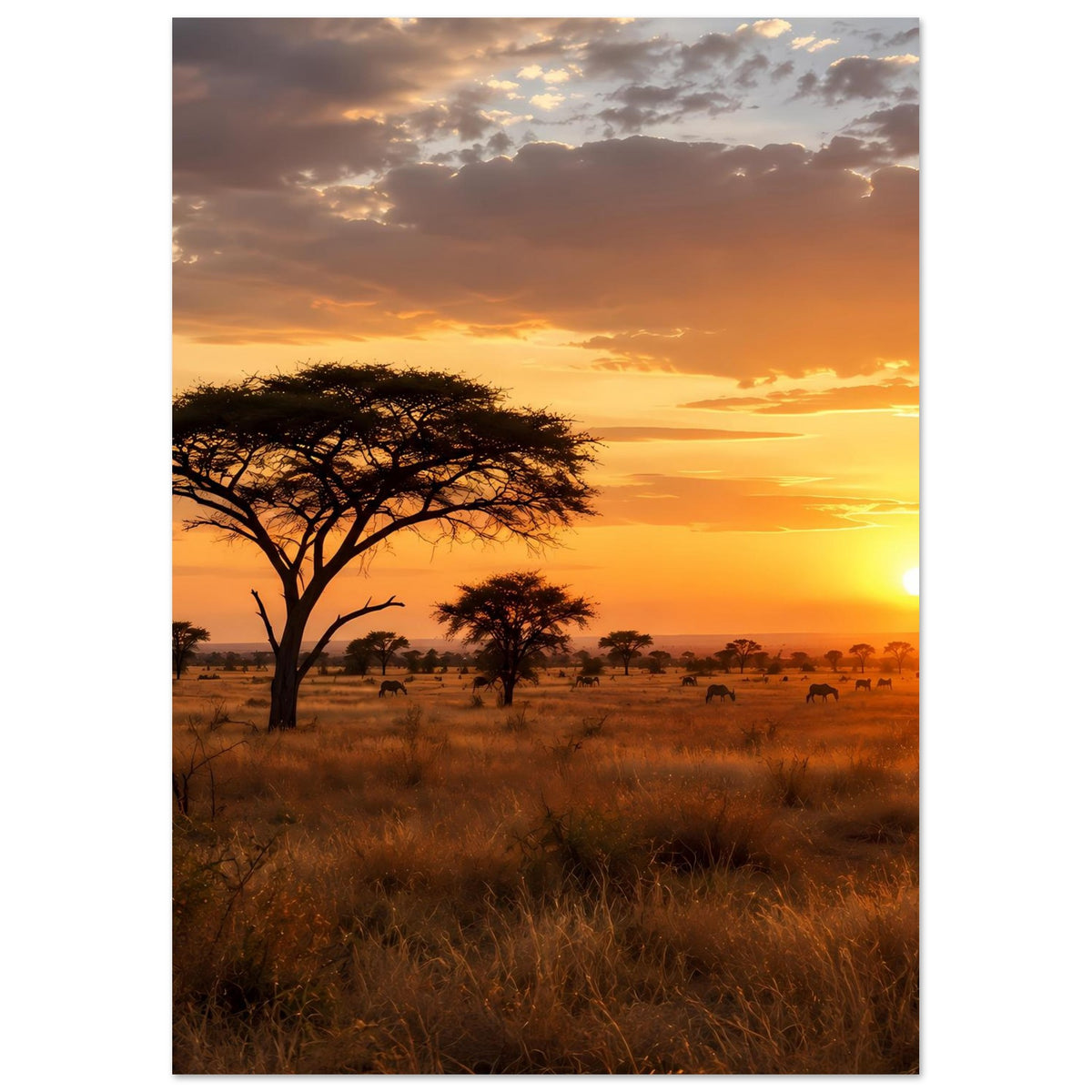 Kunstdruck: Savannenlandschaft mit Akazienbaum, grasigem Vordergrund, orangefarbene Sonne