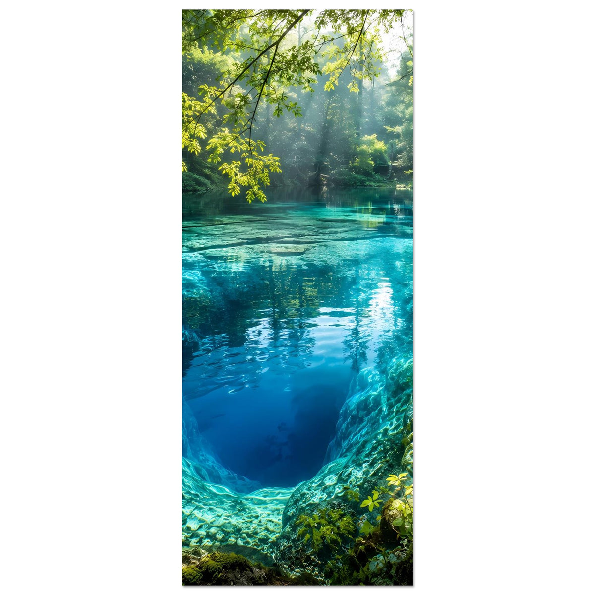 Vertikales Poster: Blick auf türkisfarbenen Waldsee, grüne Uferpflanzen und Lichtschimmer