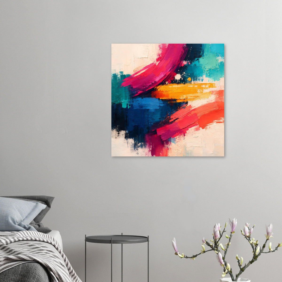 Kleiner abstrakter Poster-Druck mit Pinselstrichen in Rot, Blau, Türkis und Orange