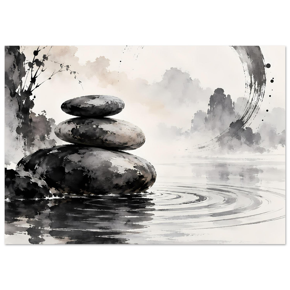 Poster mit Zen-Steinstack und Wasserlinien, links dunkle Spritzer, rechts großer Pinselkreis