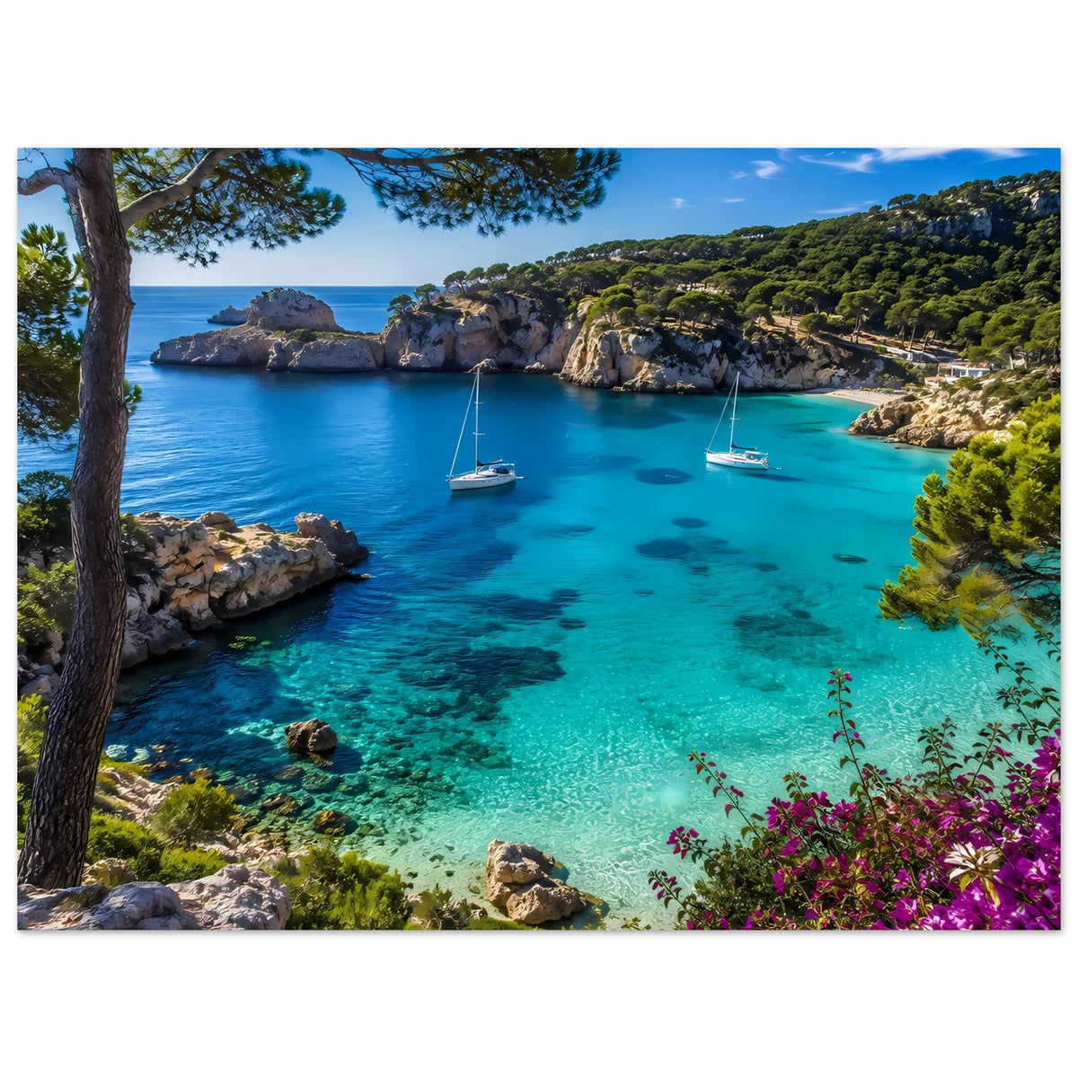Mediterranes Küstenposter im Querformat: türkisfarbenes Meer, Segelboote, lila Blüten
