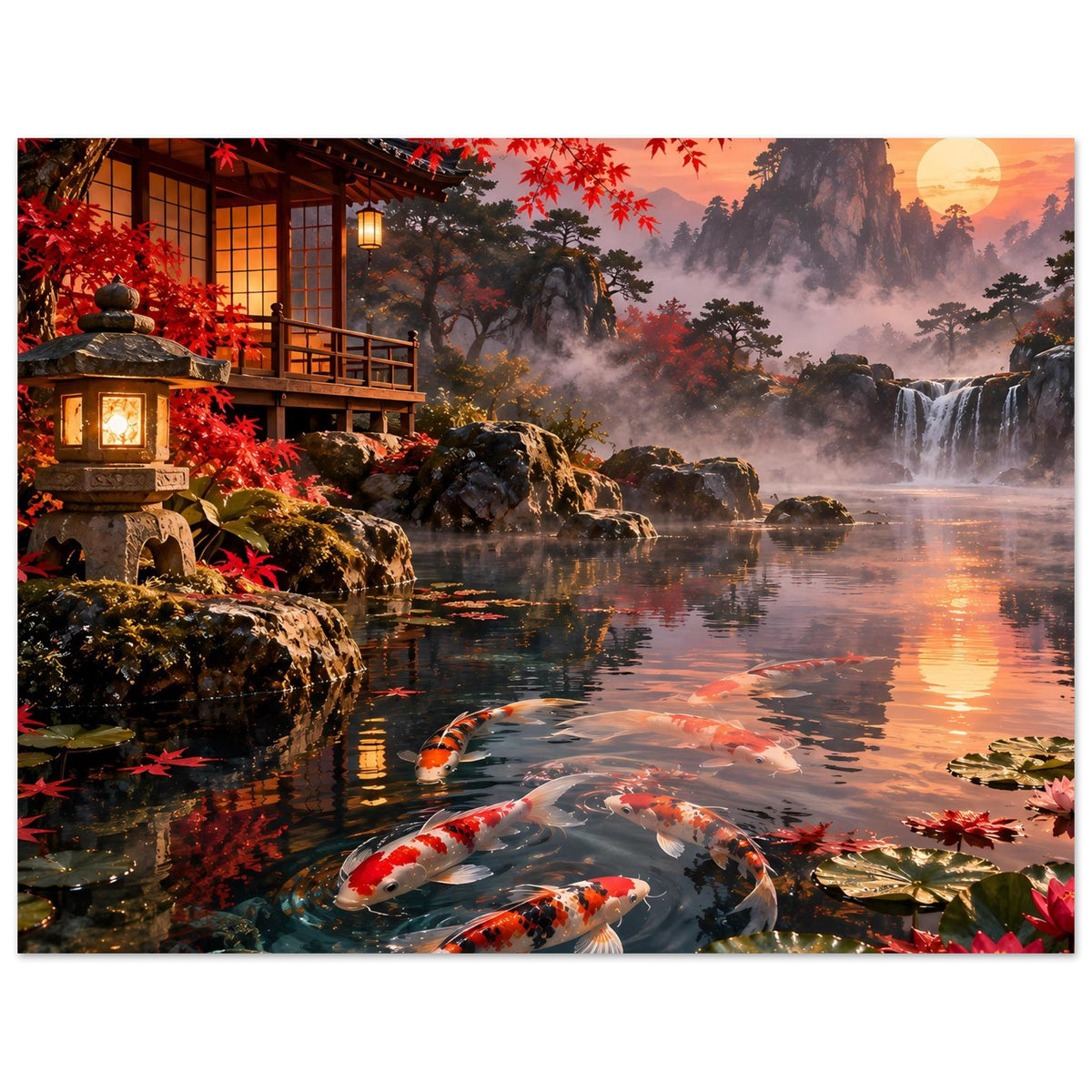 Poster (quer) mit Koi-Teich: Karpfen im Vordergrund, Wasserfall, Nebel und rote Ahornblätter.