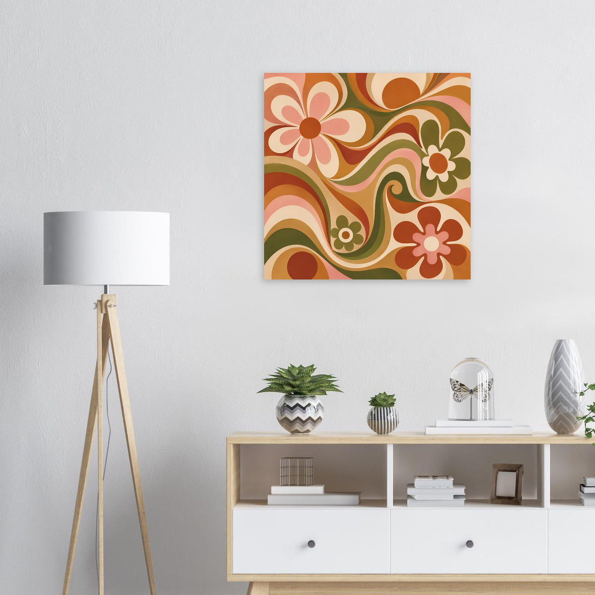 Florales Poster mit 70er-Blumenwirbeln, geschwungenen Ranken, Olivgrün und Orange, quadratisch