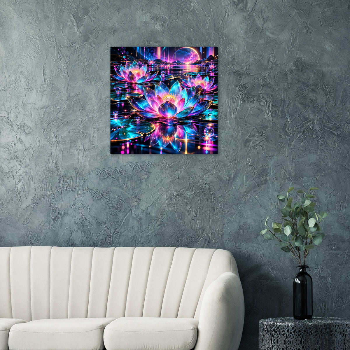 Quadratisches Neon-Lotus Poster an grauer Wand mit leuchtenden Farben im Zentrum