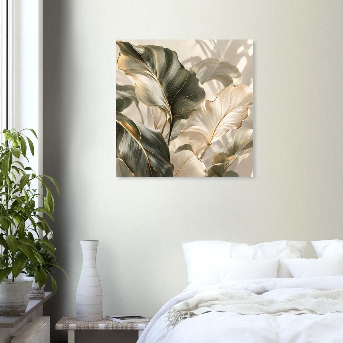 Pflanzenposter mit Blattillustration in Grün, Beige und Creme, quadratisch gerahmt