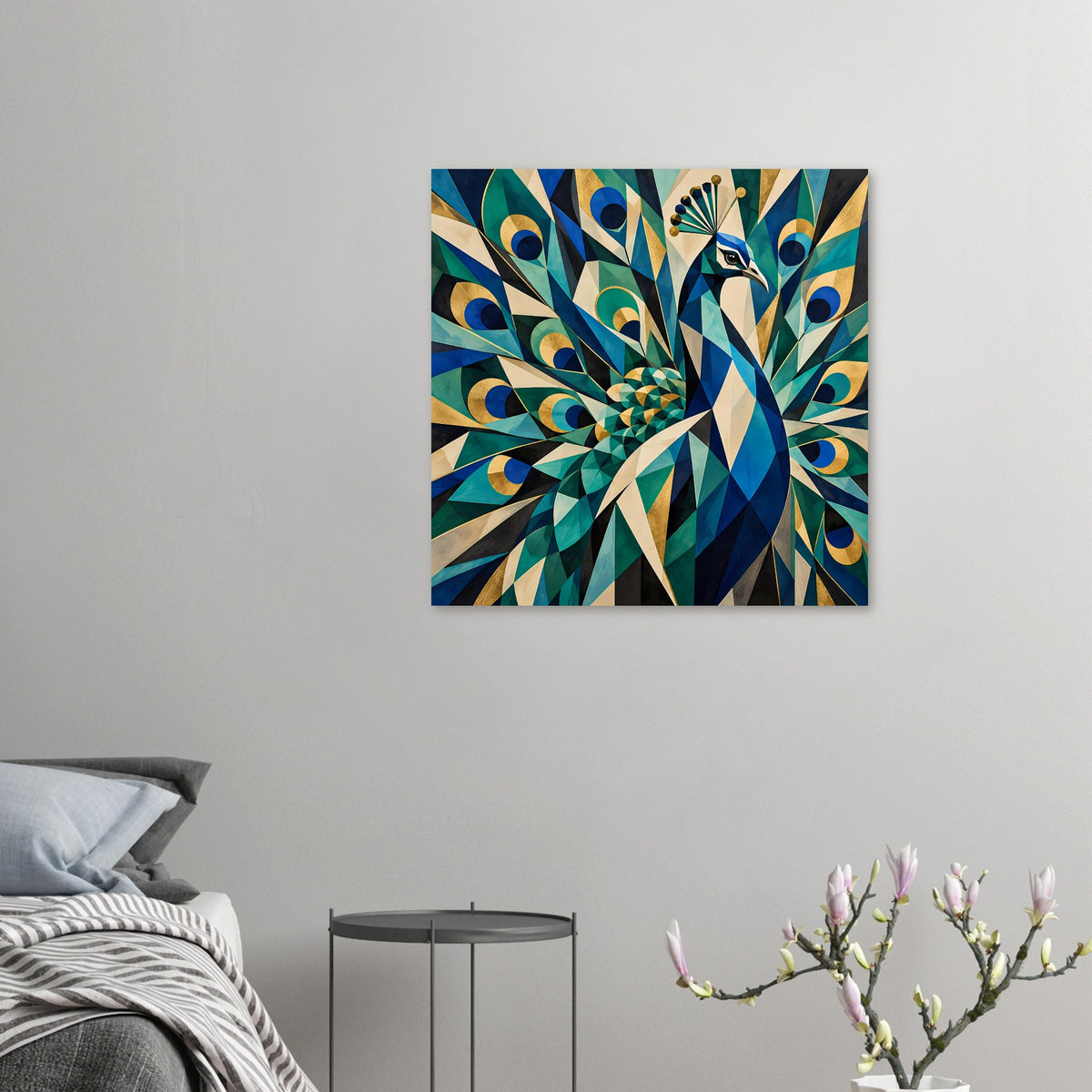 Kleines quadratisches Poster mit geometrischem Pfau in Blau und Gold