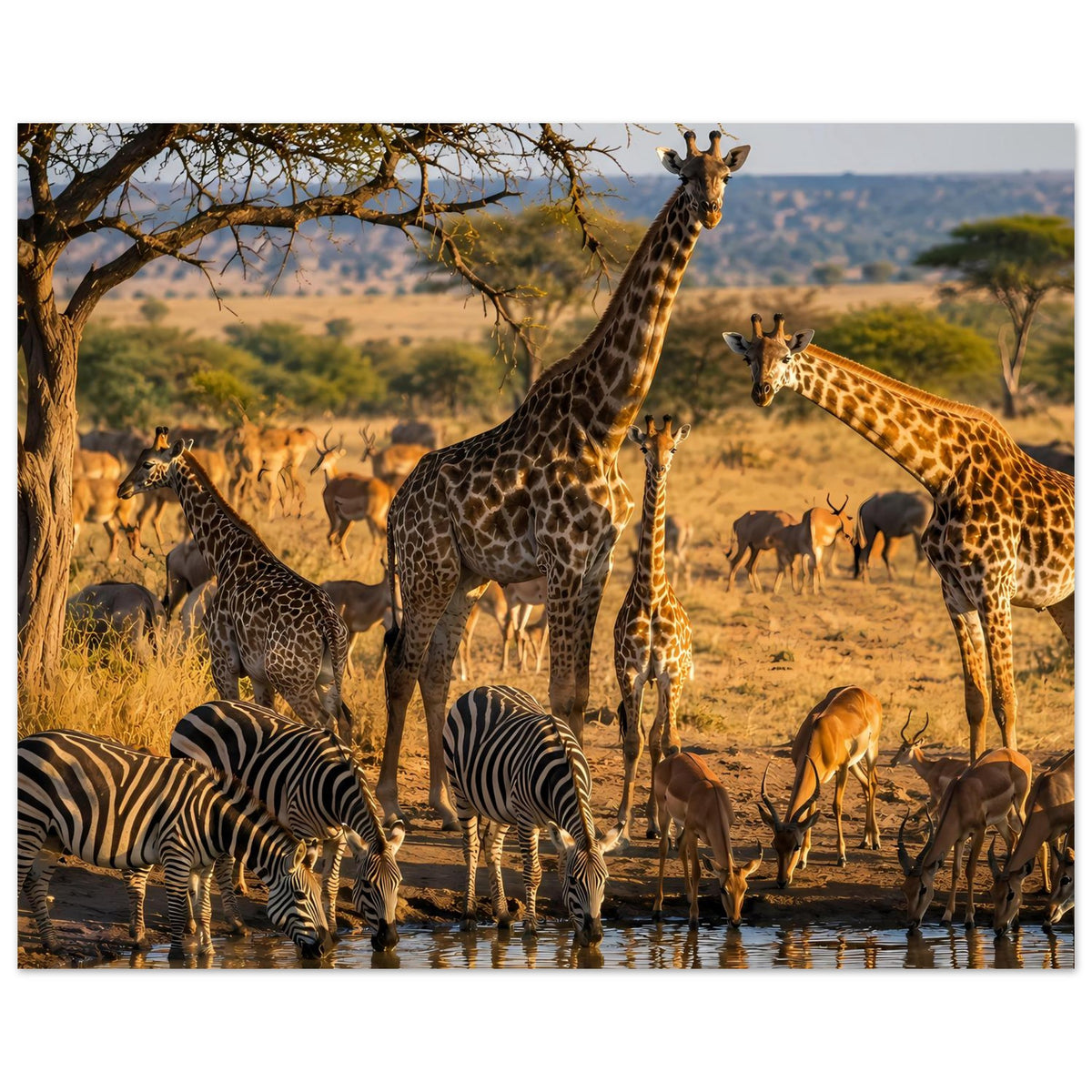 Poster mit Safari-Wildlife: Giraffe im Vordergrund, Zebra und weitere Tiere am Wasser