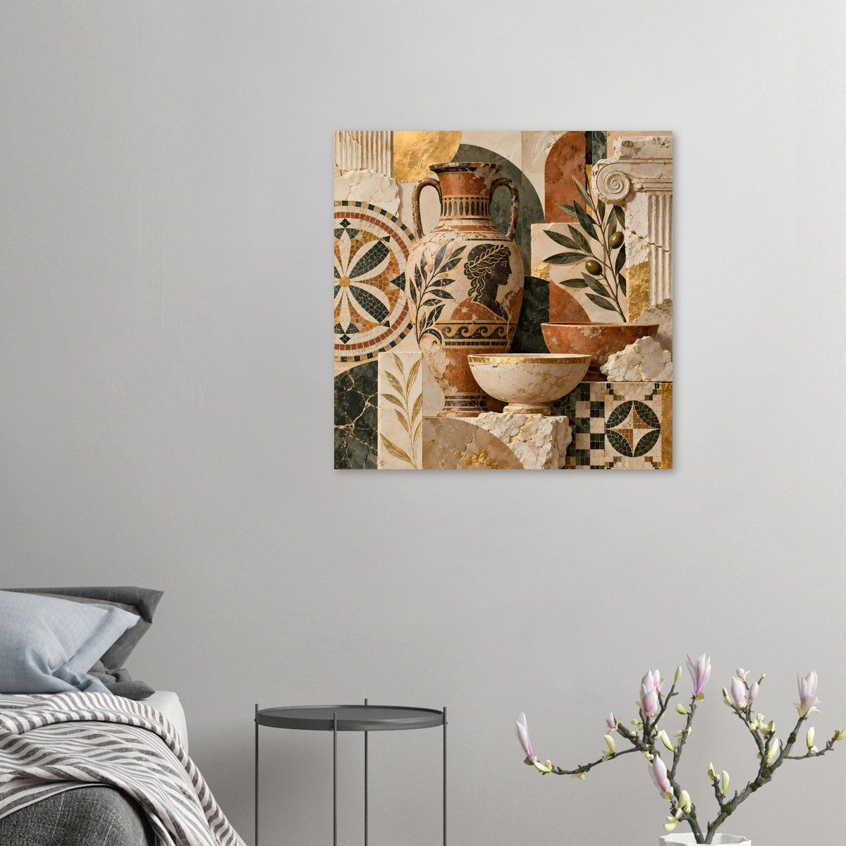 Mosaikposter mit Keramikvase und Schale, umgeben von mediterranen Fliesenmustern