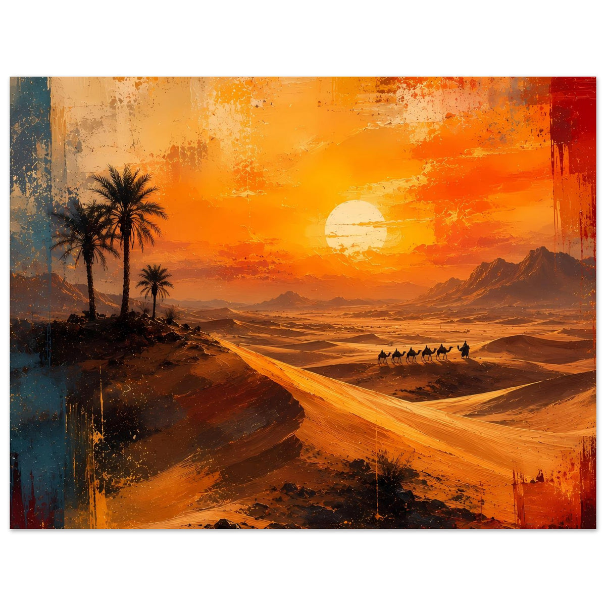 Wüstenposter im Hochformat mit Palmen, Karawane und Sonne über Dünenlandschaft