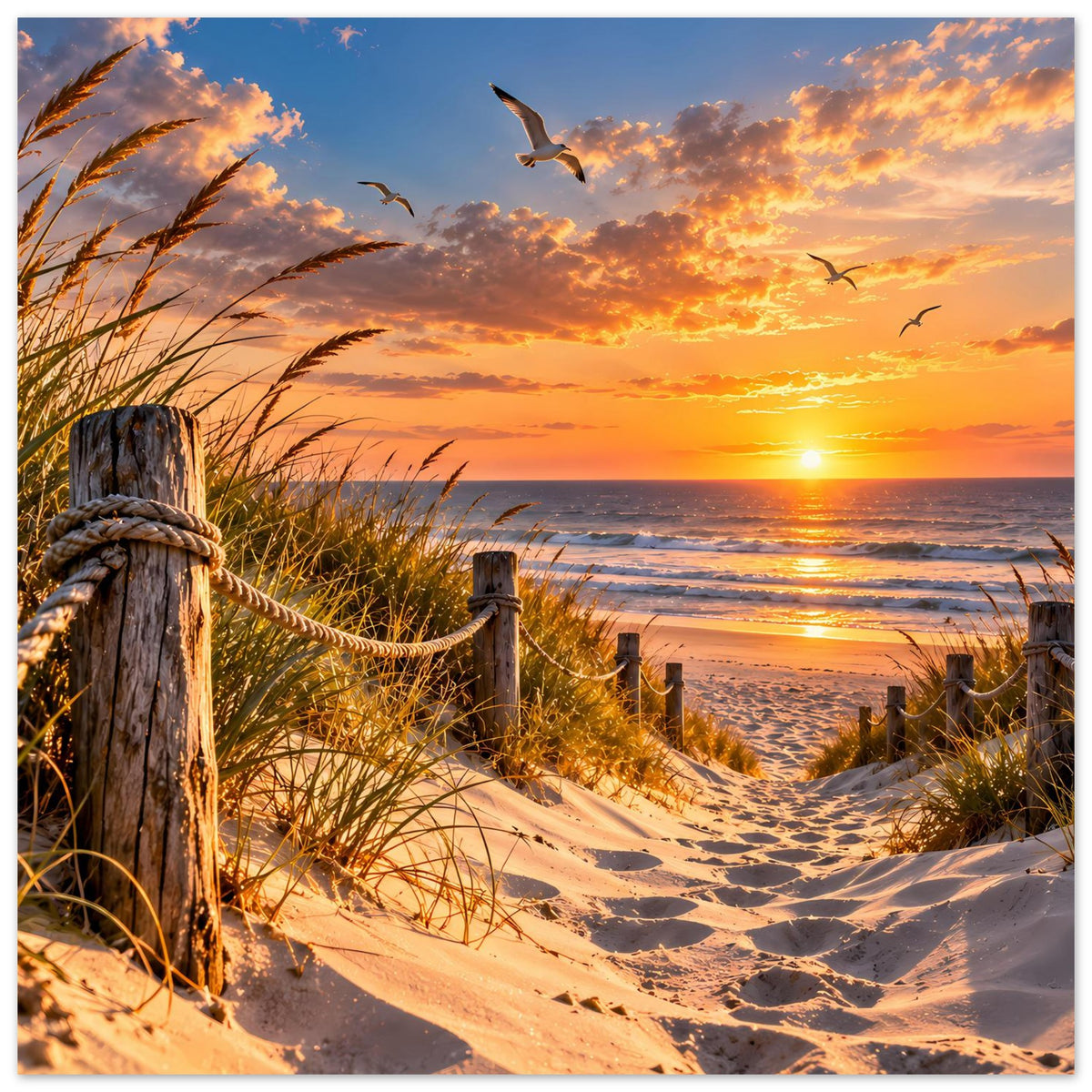 Strand-Poster mit Sonnenuntergang über dem Wasser, Dünen und Schilf, fliegende Möwen