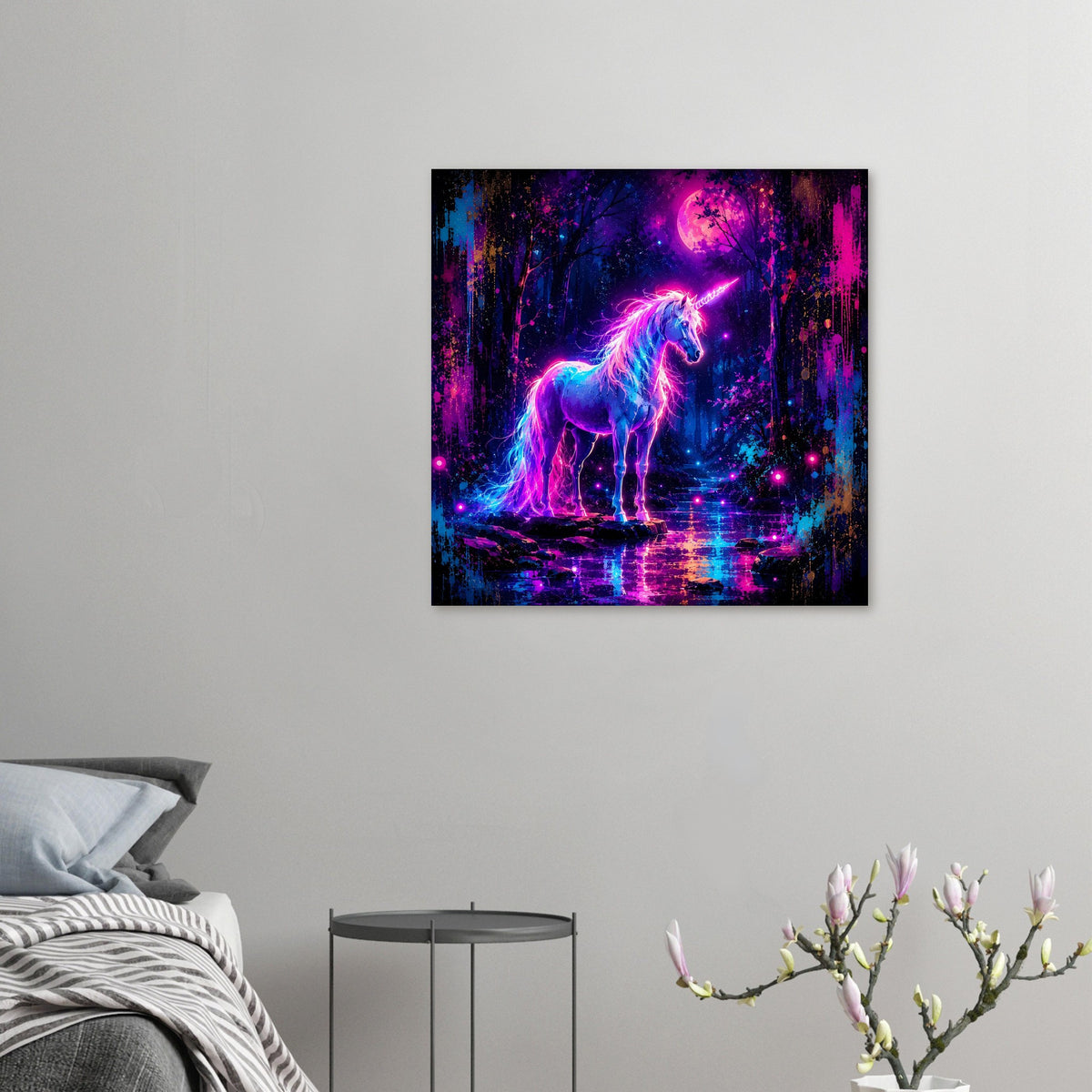 Kleines Poster mit leuchtendem Einhorn, farbiger Neon-Effekt auf dem Motiv