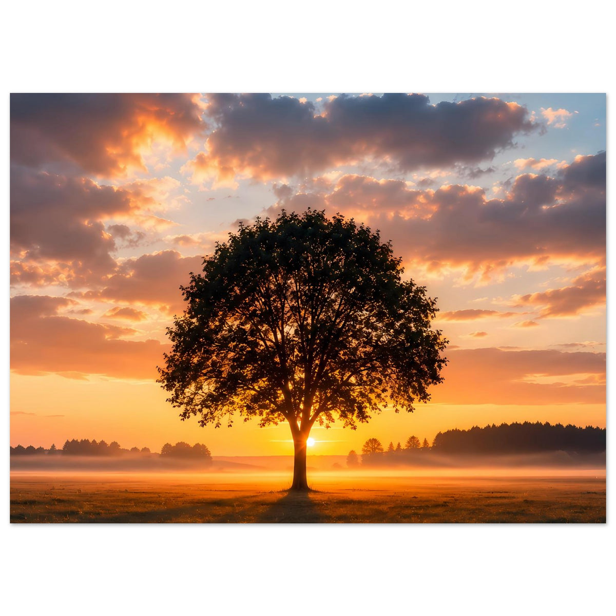 Gerahmtes Baum-Poster im Querformat: Baumkrone leuchtet im Sonnenuntergang, weite Felder