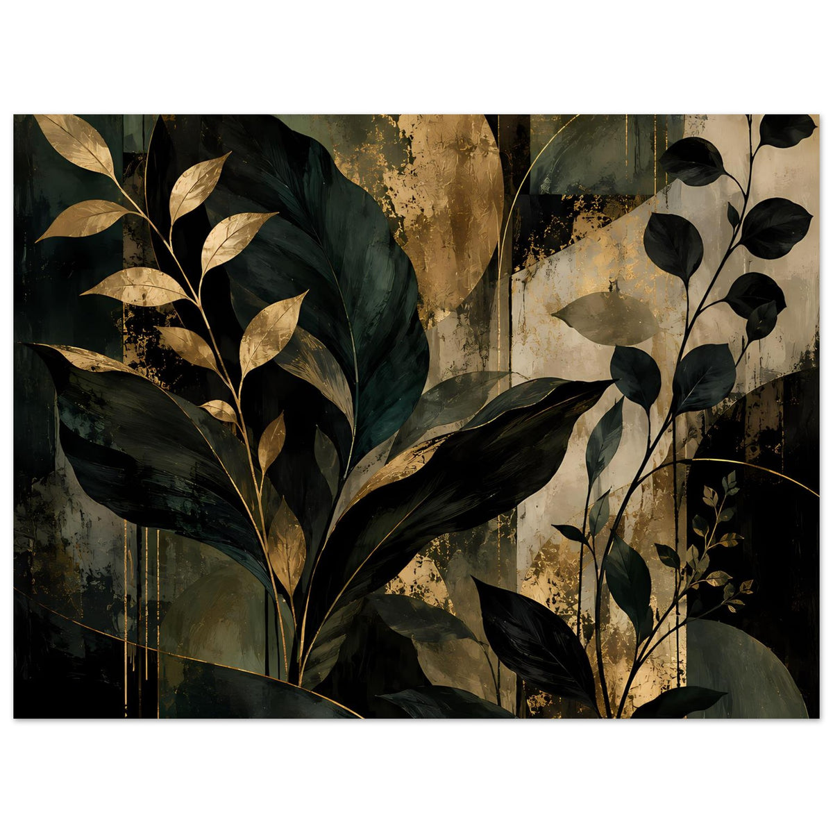 Kunstposter im Querformat mit botanischer Grafik, dunkle Blätter und goldene Highlights