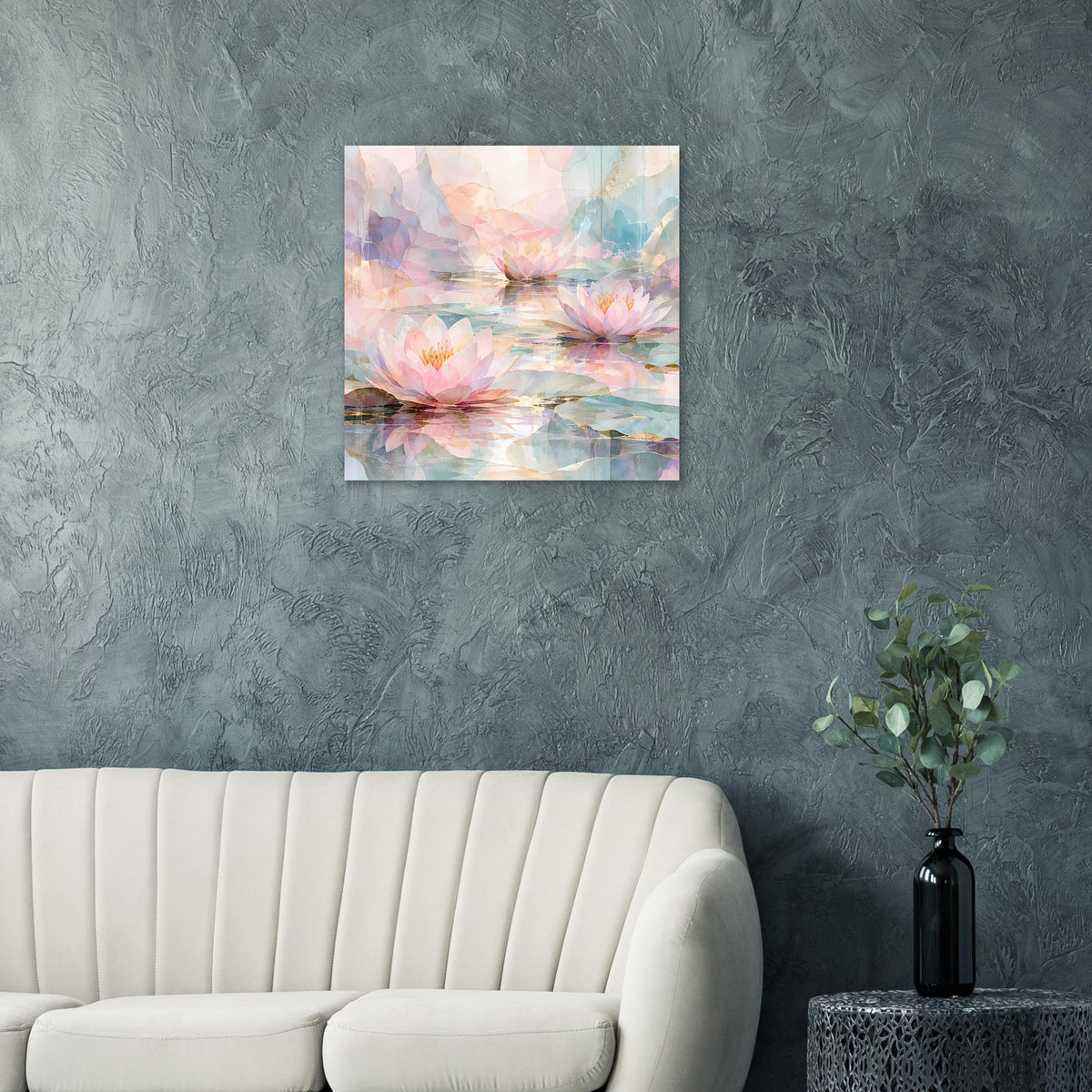 Quadratisches Poster mit Seerosen auf Wasserflächen, Pastellrosa, Blau und Türkis.