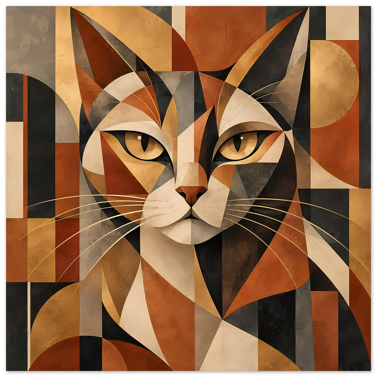 Geometrisches Katzenporträt-Poster, horizontal, warmes Farb- und Formenraster mit Katze