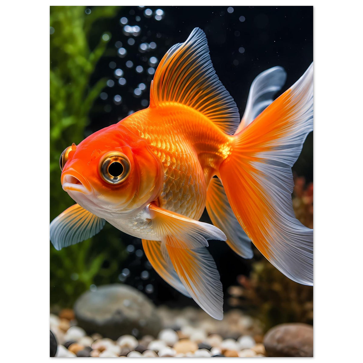Goldfisch-Porträt als Poster auf mattem Papier, orangefarbener Fisch mit weißen Flossen