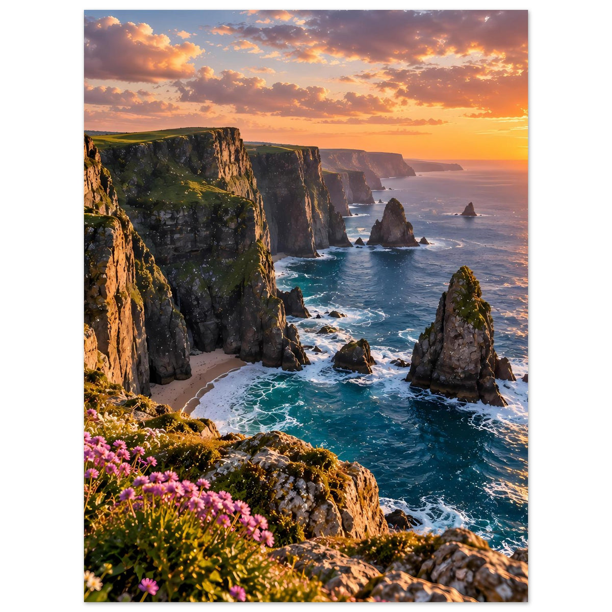 Poster mit dramatischer Klippenküste und Sonnenuntergang; Meer und pinke Blumen im Vordergrund