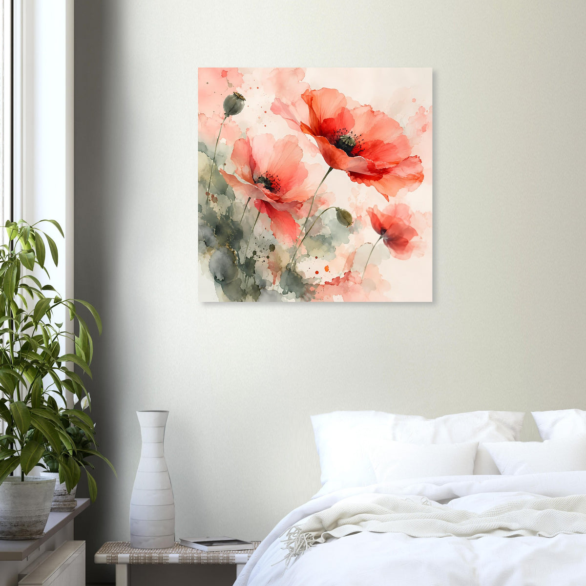 Quadratisches Wandposter: aquarellierte Mohnblüten in Korallrosa und Grün, mit Blattakzenten