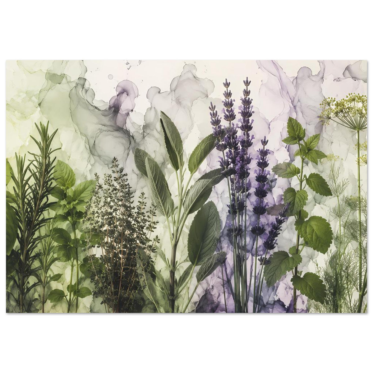 Botanisches Poster: Lavendel, Kräuterblätter und zarte Pflanzen in Aquarelloptik