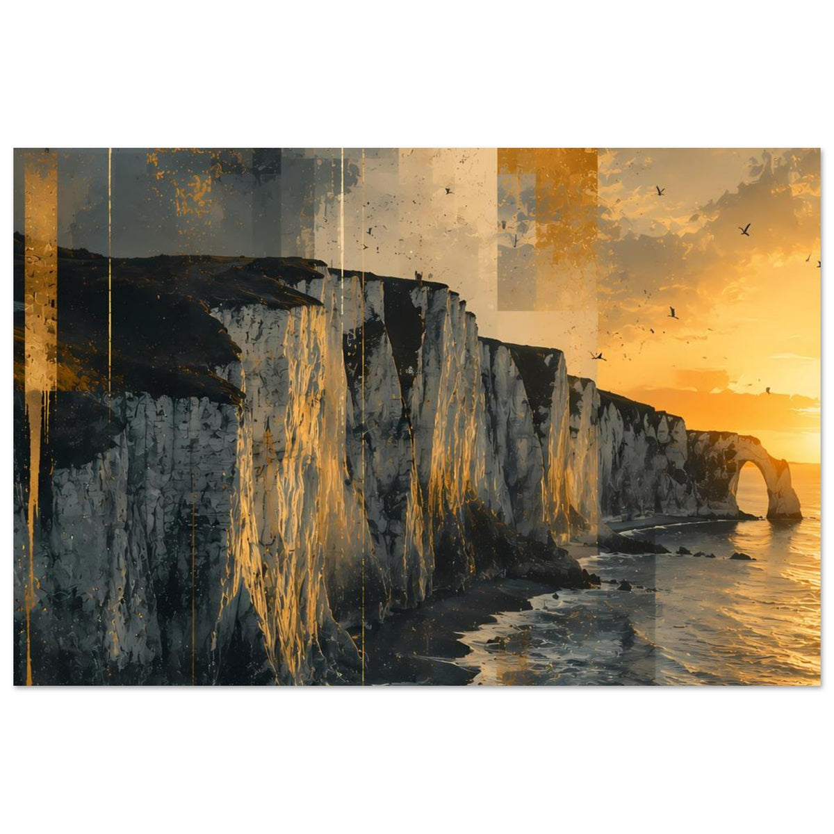 Poster im Querformat mit Steilküste, Wasser am Fuß der Klippen und warmem Sonnenuntergang