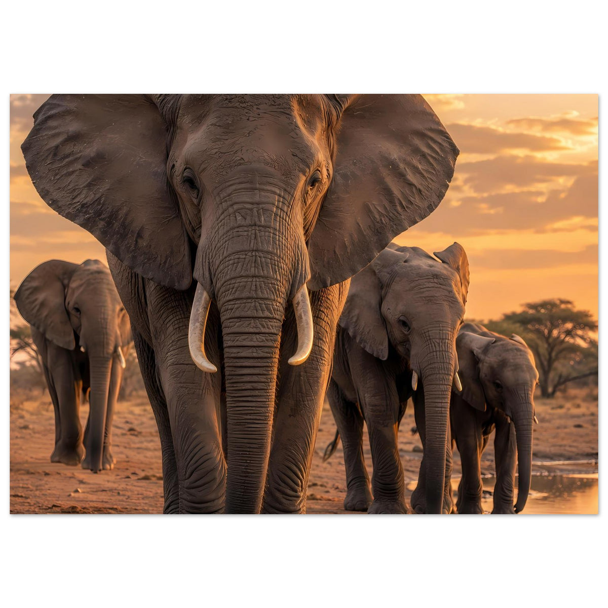 Poster mit Elefantenherde: frontnaher Elefant und mehrere Tiere dahinter