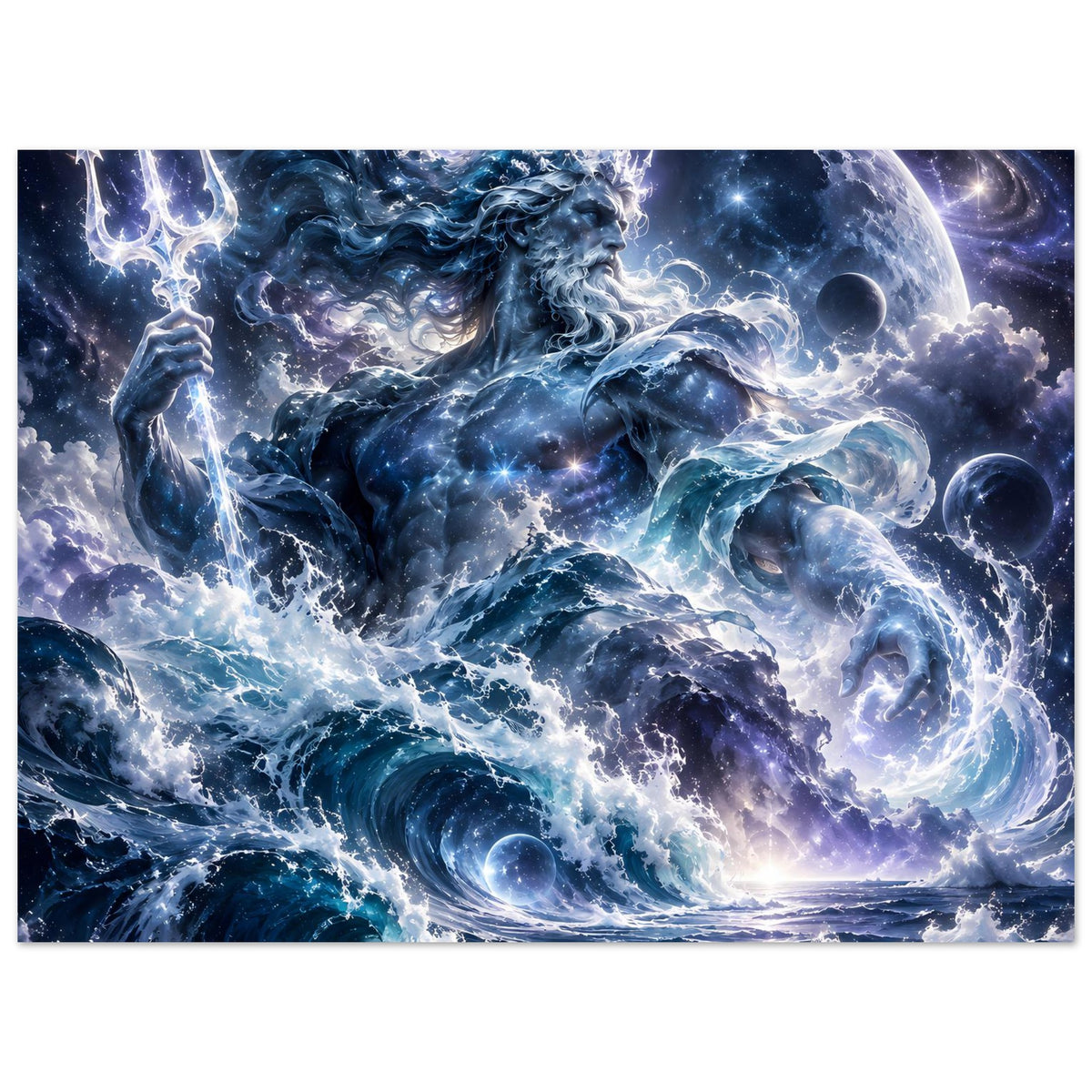 Poster im Querformat: blaues Ozeanwesen zwischen kosmischen Wellen und leuchtenden Blasen