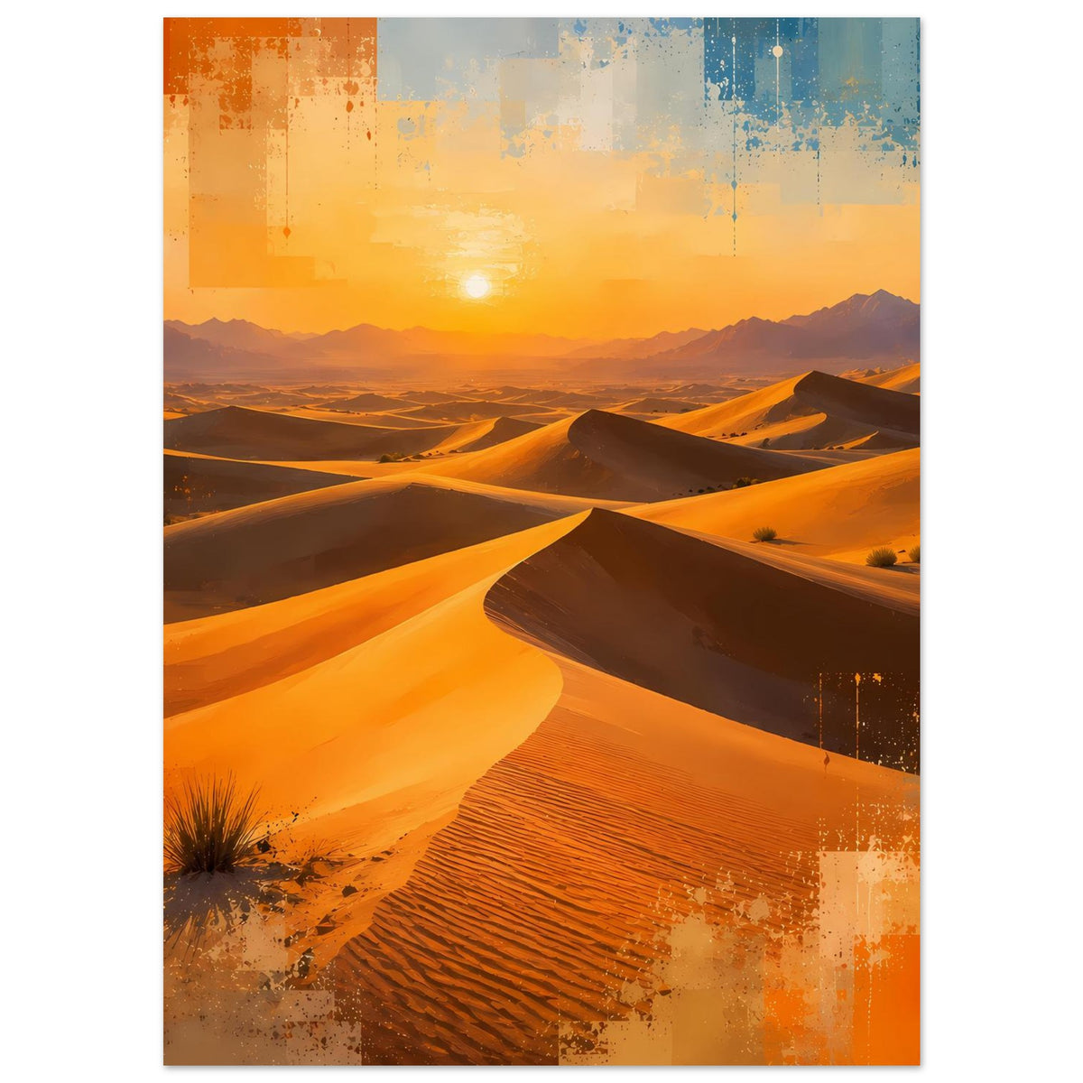 Wüstenlandschafts-Poster, vertikal: Dünen und Sonnenuntergangshimmel in Orange und Blau