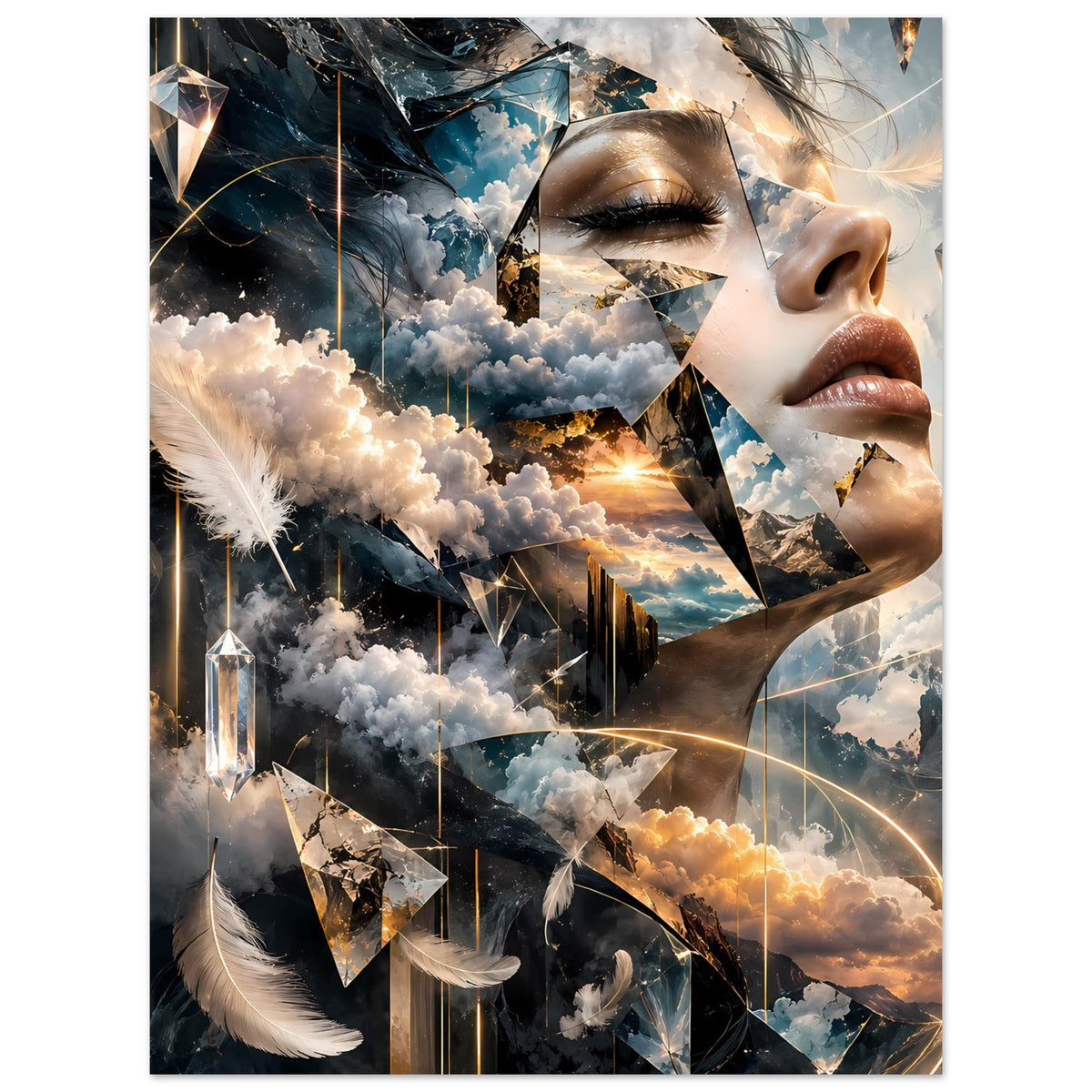 Surrealer Traumlandschafts-Poster im Hochformat mit Frauenkopf, Wolkenlandschaft und Diamantformen