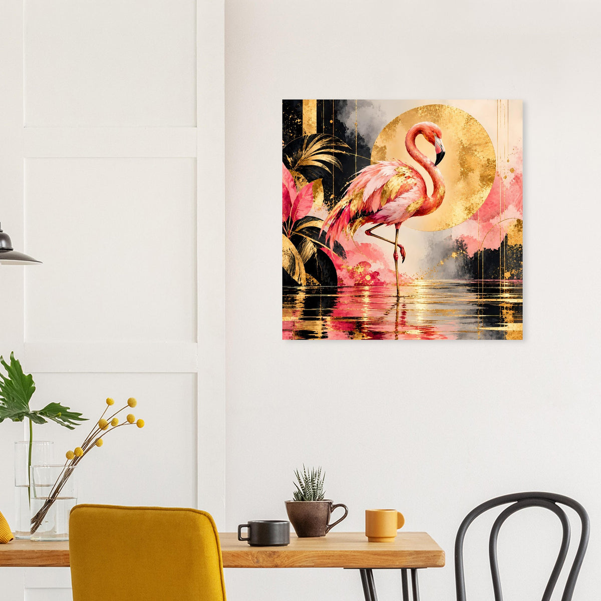Flamingo-Tierposter mit goldener Kreisfläche, Pinkem Flamingo und Wasserreflexion