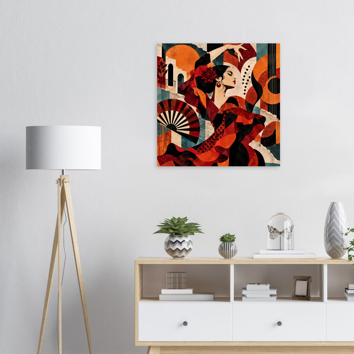 Flamenco-Tanzposter: Tänzerin in Rot/Schwarz mit Fächer und geometrischen Formen