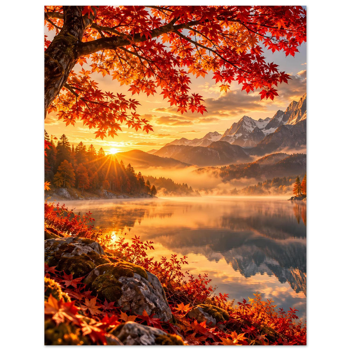Herbstliches Sonnenaufgangs-Poster mit Ahornlaub am Rand, Bergkette und spiegelndem See