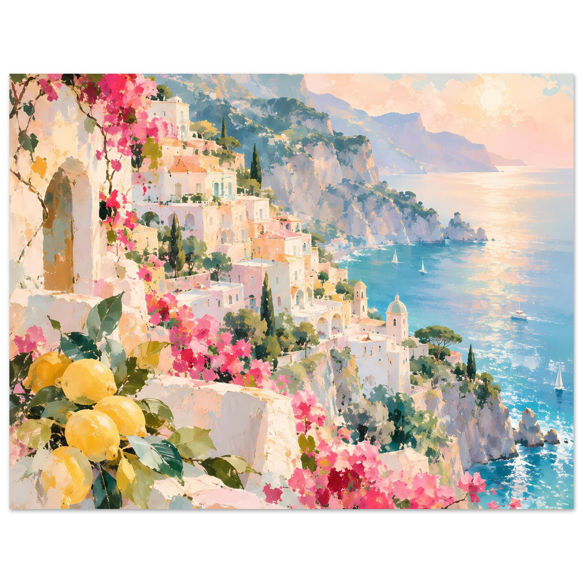 Querformat-Küstenposter mit Stadt, pinken Blüten, gelben Früchten und blauem Meer