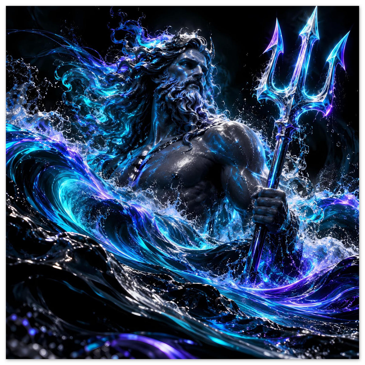 Poster mit Poseidon: Meeresgott mit Dreizack, dramatische blaue Wellen und Funken