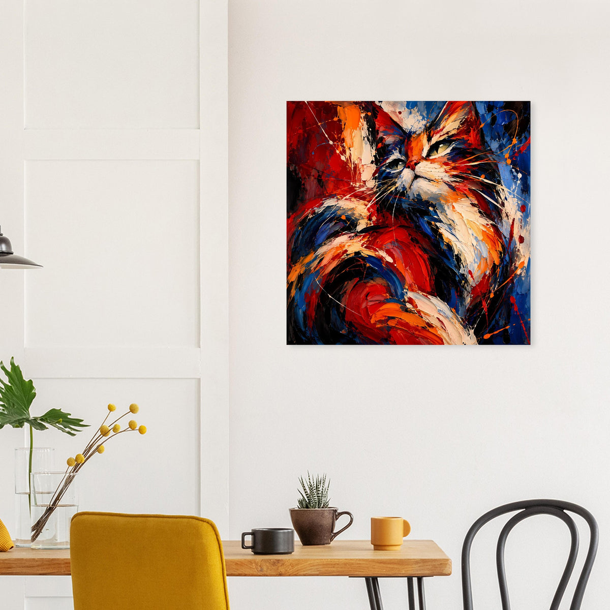 Gerahmtes quadratisches Poster mit abstraktem Katzenmotiv in Rot, Blau und Orange.