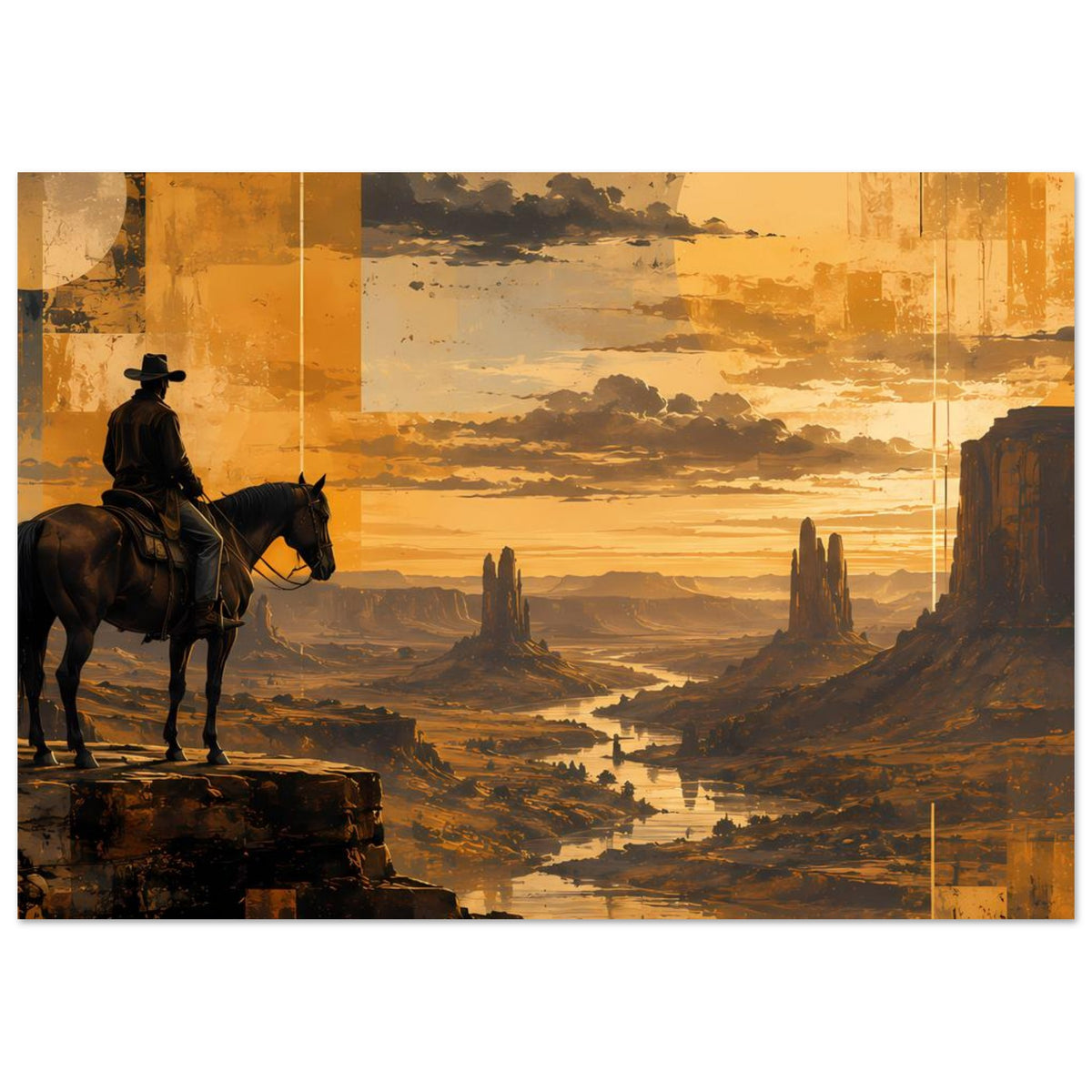 Western-Sunset-Poster mit Cowboy auf Pferd, Felsklippen und goldenem Himmel