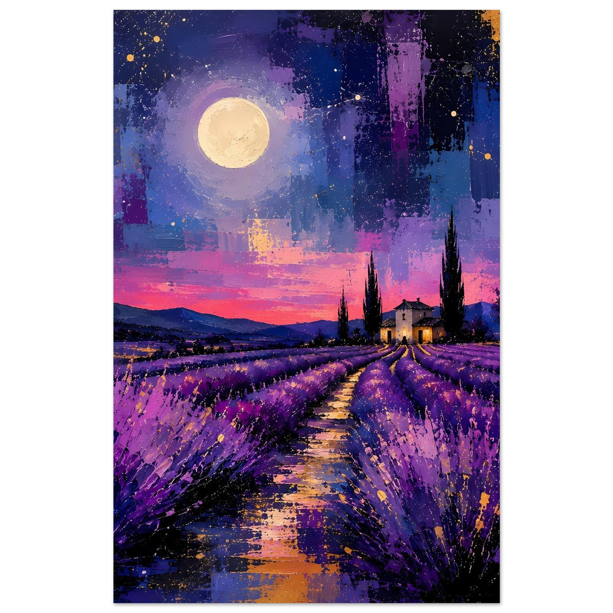 Hochformat-Poster: lila Lavendelfeldweg, großer Mond und Zypressen