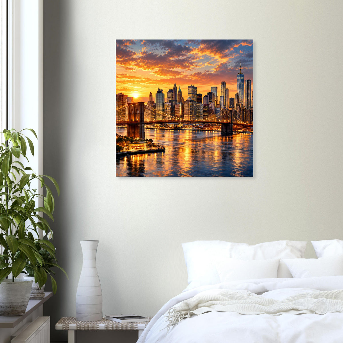 Quadratisches Poster mit Skyline bei Sonnenuntergang über ruhigem Wasser