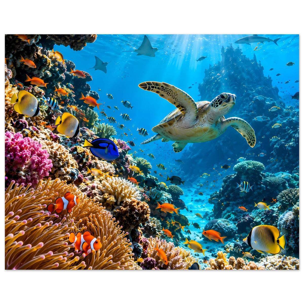 Horizontales Poster Meerblick mit Korallenriff, Schildkröte, Haifischen und bunten Schwarmfischen.
