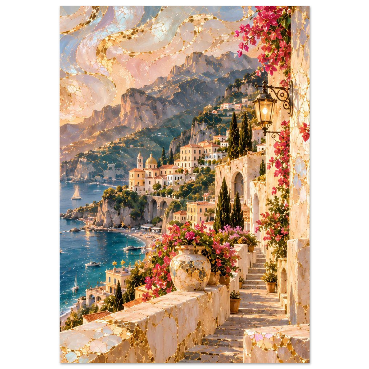 Mediterranes Küstenposter: mediterrane Promenade mit Laternen, Blumen und Meerblick