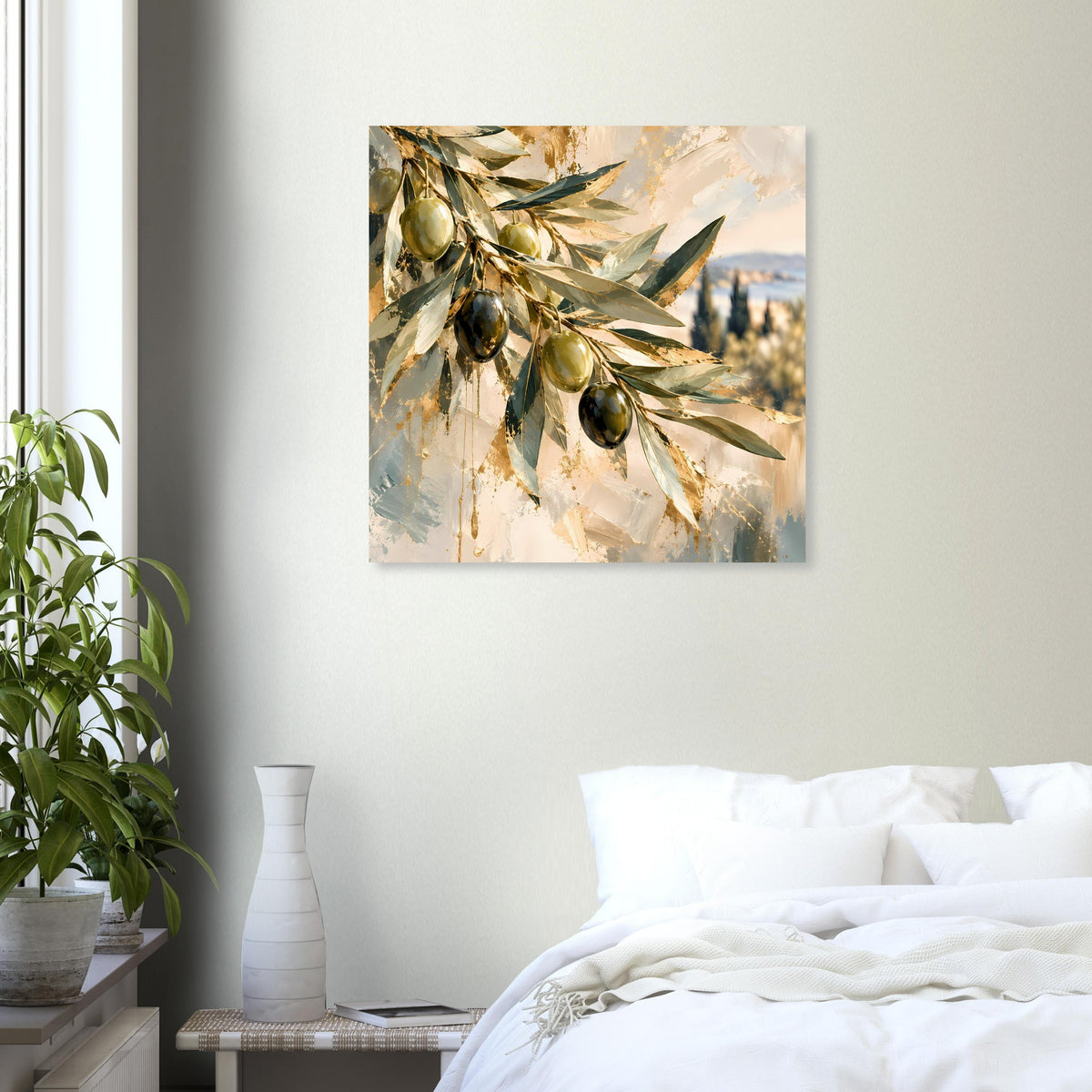 Kunstdruck-Poster mit Olivenzweigzweigen und grünen Früchten, schimmernde Goldakzente