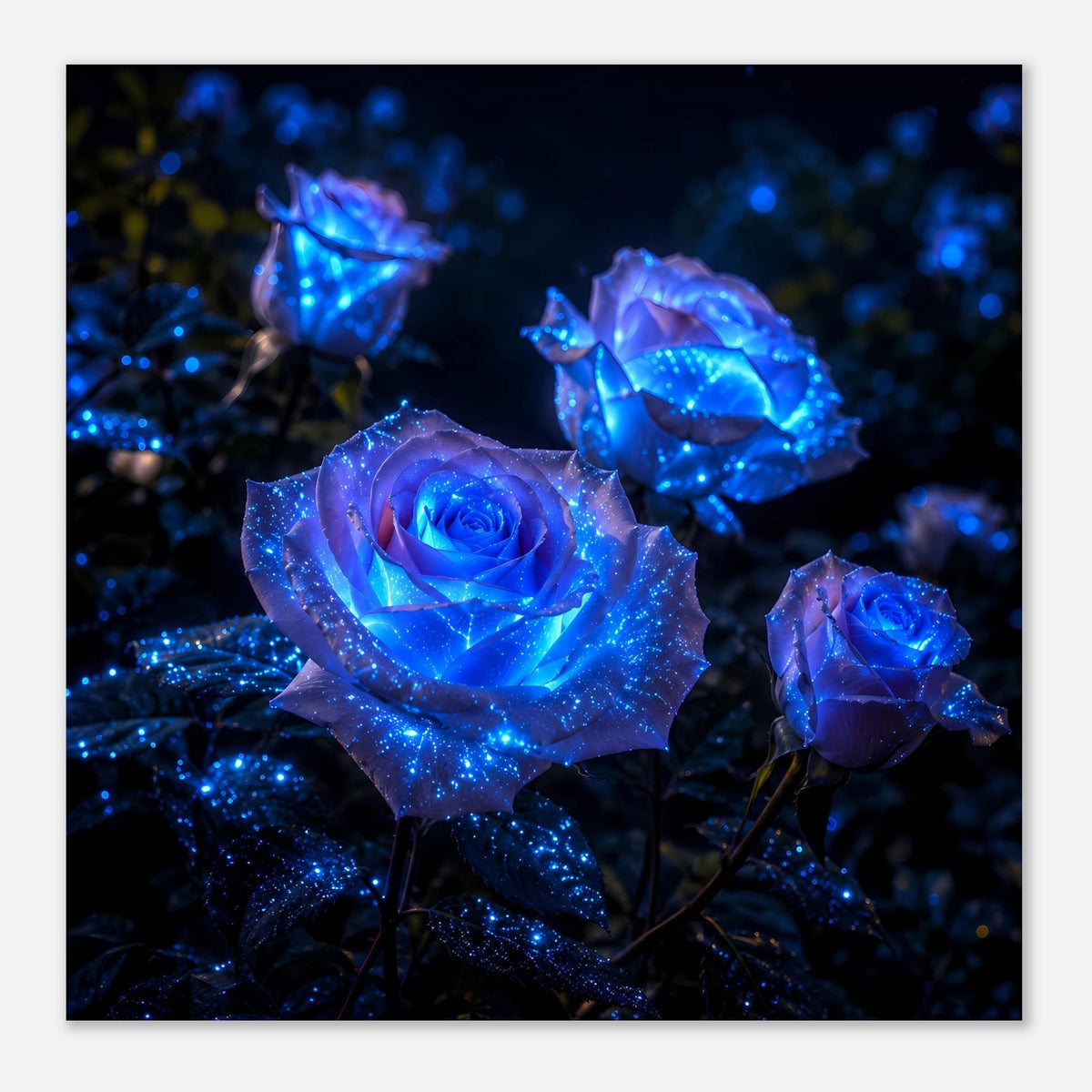 Poster mit blau leuchtenden Rosen: große Vorderrose und zwei weitere Blüten im Vordergrund