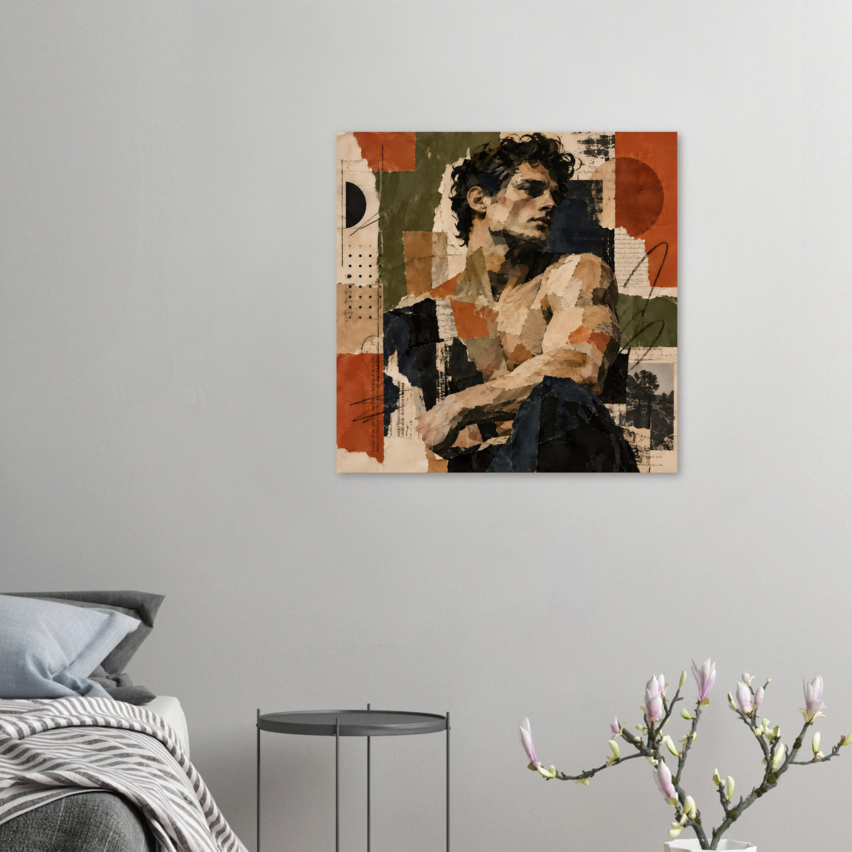 Kleines Kunstposter mit Vintage-Collage-Porträt in Erdtönen, zentral platziert.