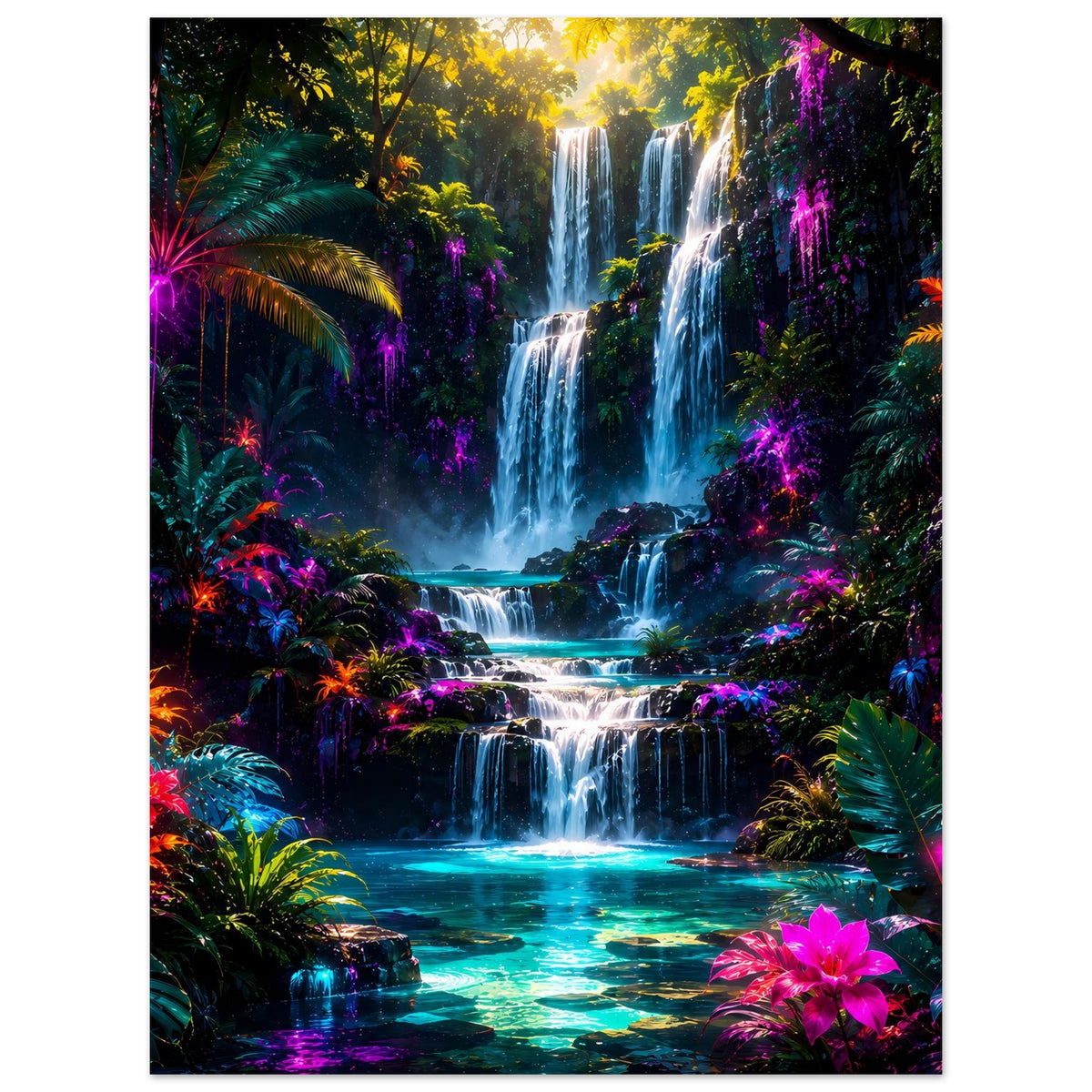 Poster: Wasserfall im Regenwald mit fluoreszierenden Farben, leuchtenden Pflanzen