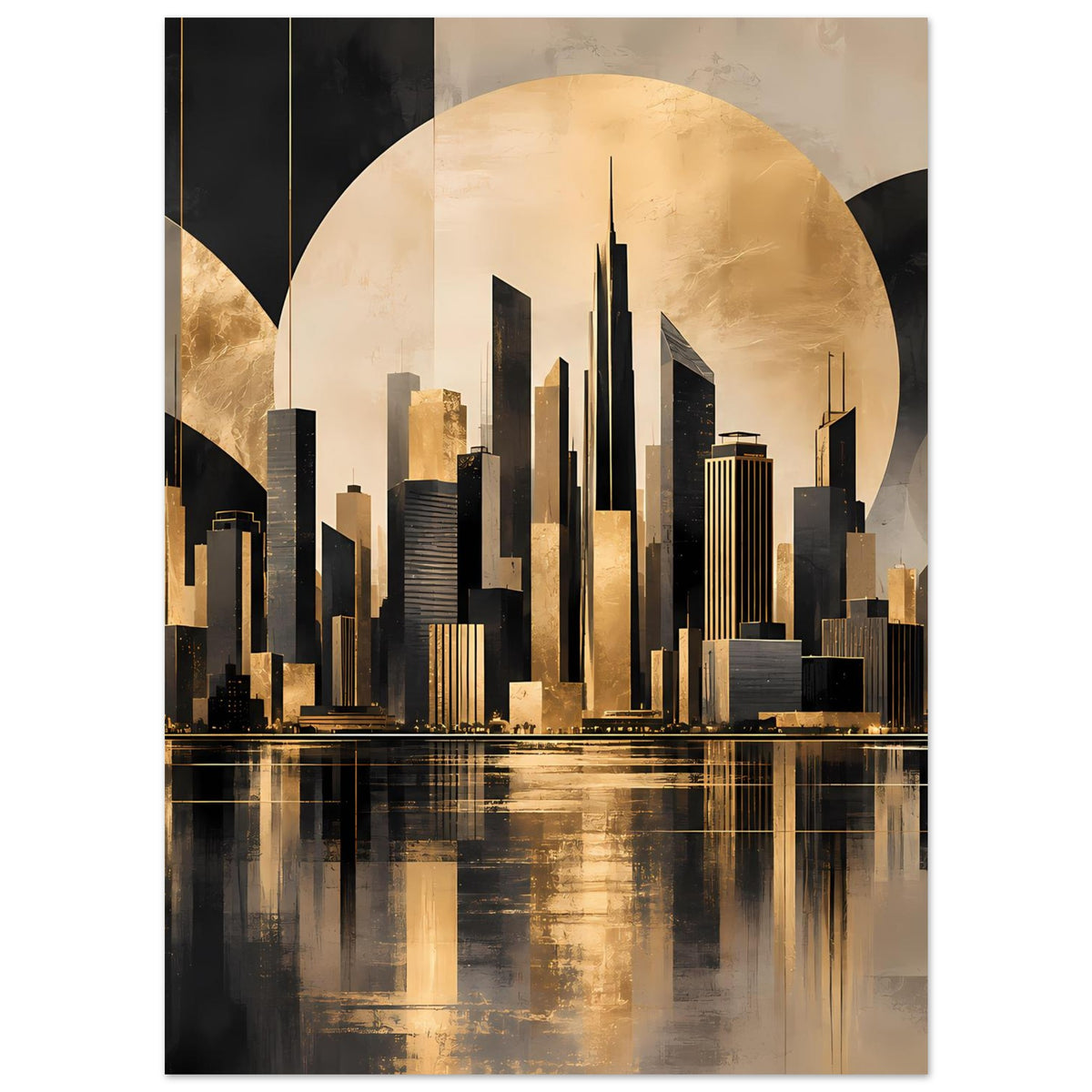 Stadtposter mit goldener Stadtansicht, dunklen Segmenten im Hintergrund und Spiegelung im Wasser