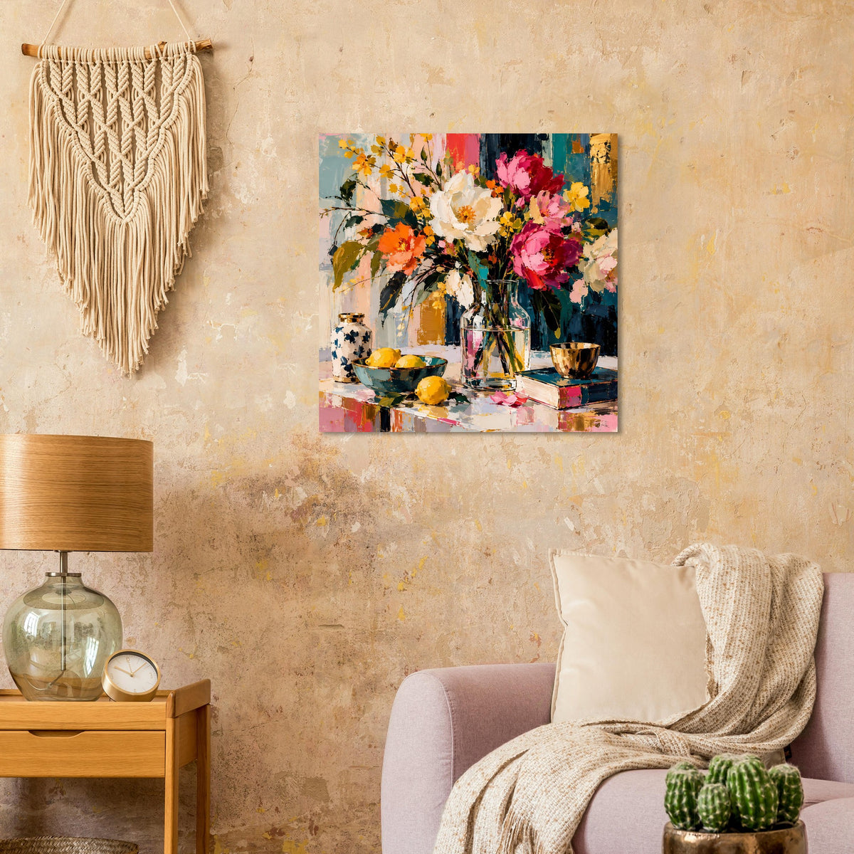 Buntes Floral-Stillleben-Poster im Rahmen an beige strukturierter Wand über Sessel