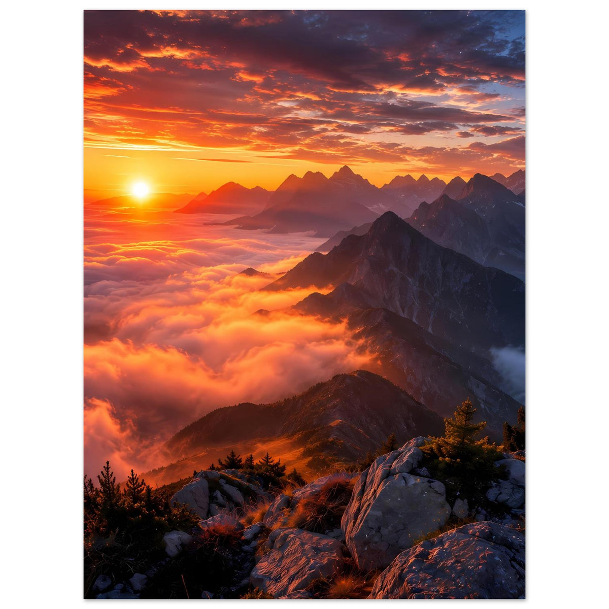 Vertikales Poster mit Sonnenaufgang über Berggipfeln, Wolkenmeer und Felsen