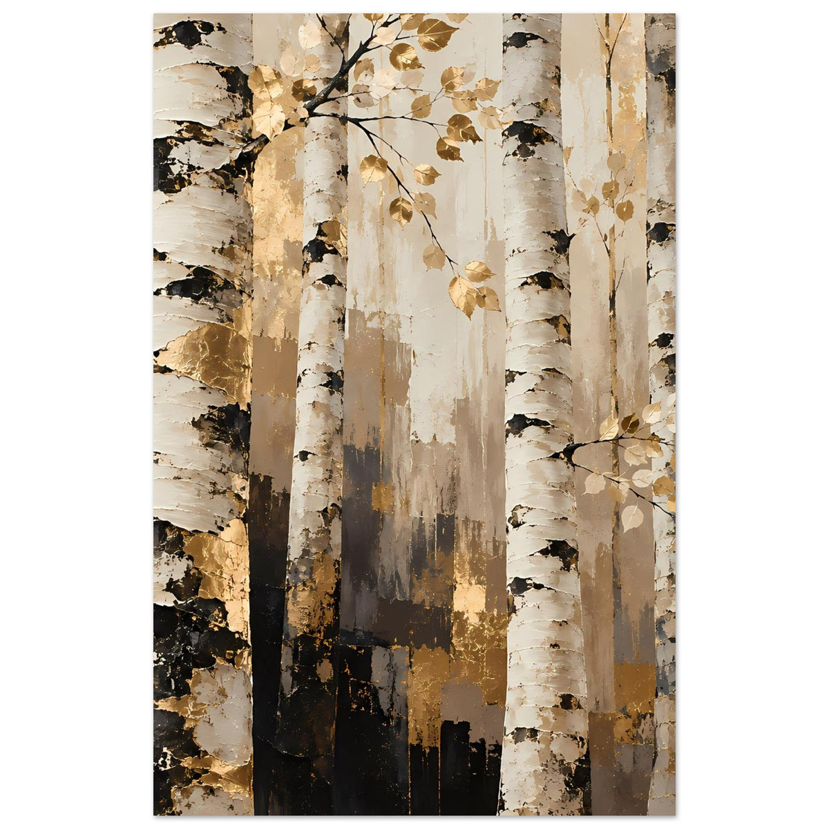 Naturposter mit Waldmotiv: helle Birkenstämme, goldene Blätterzweige, warme braun-graue Töne.