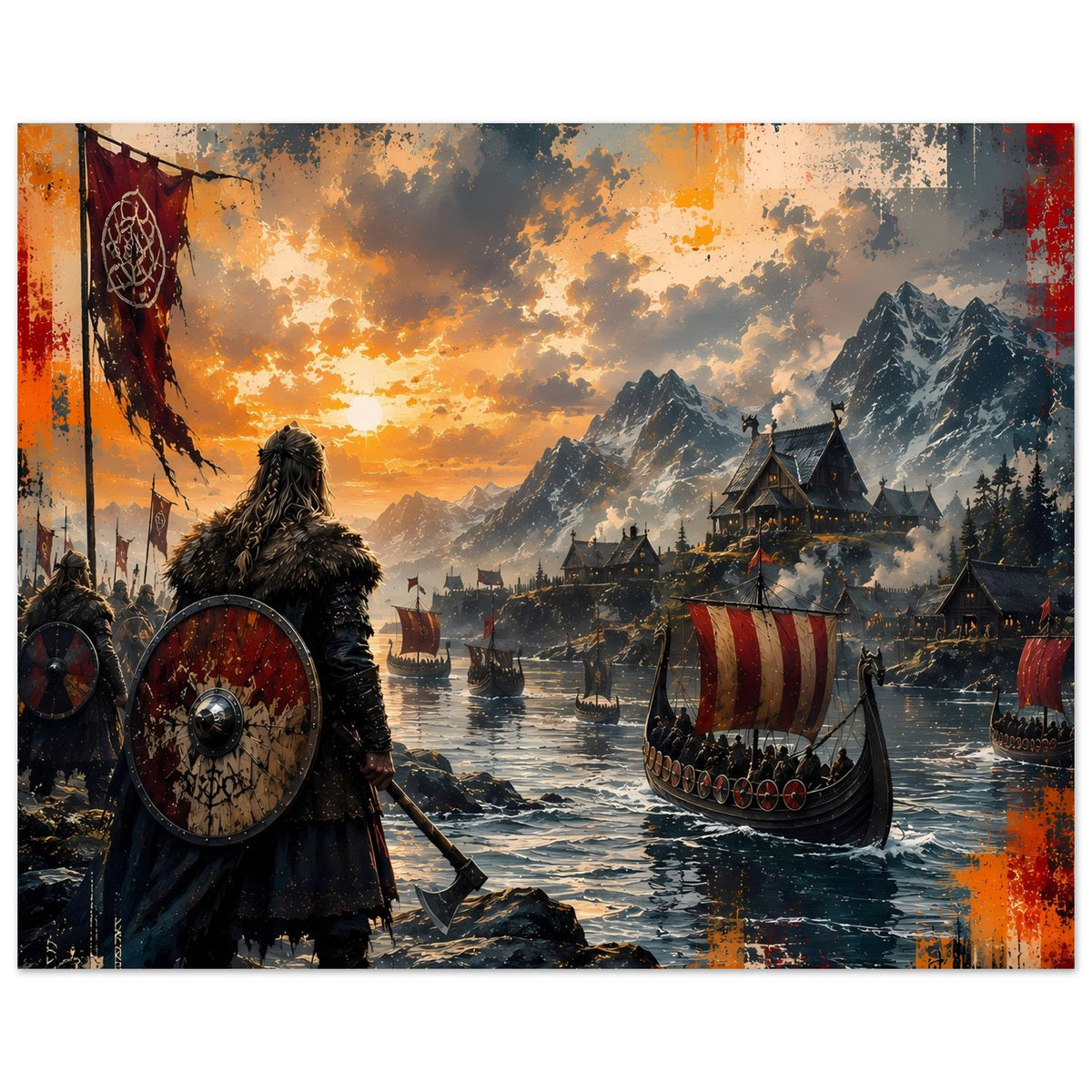 Wikinger-Saga-Poster mit Wikingerkrieger, Rundschild, Langboot und roten Farbakzenten im Meer-Drama