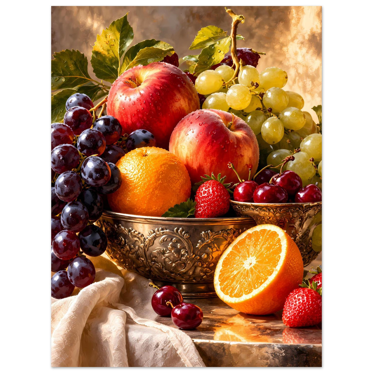 Stillleben-Poster mit Obstschale und Früchten: gelbe Trauben, rote Beeren, Orange
